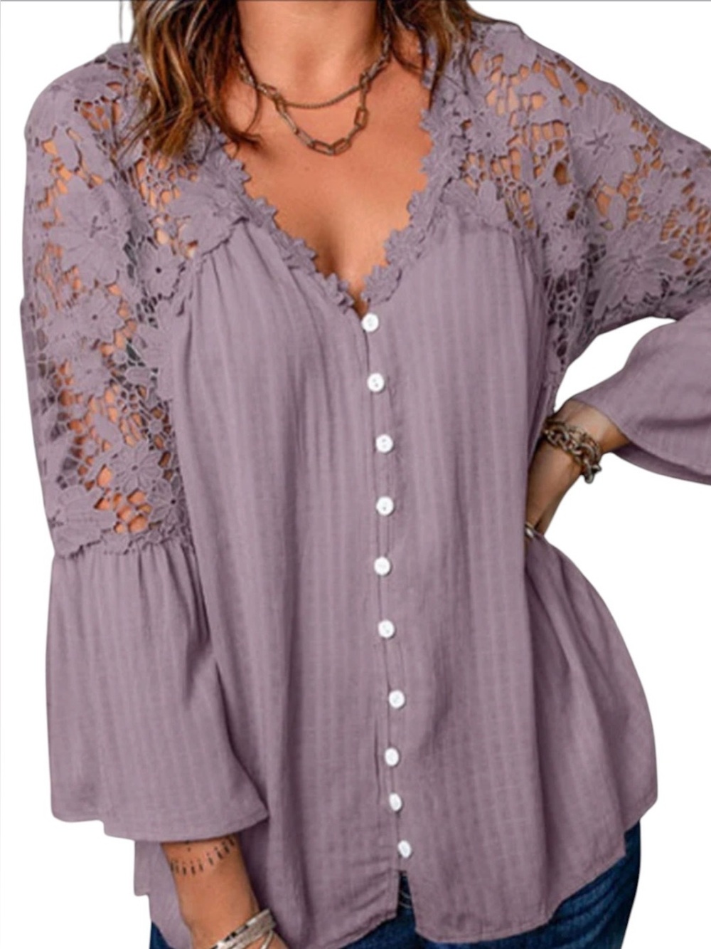 Romantic Lace V-Neck Bohemian Flowy Shirt 3/4 Flare Sleeve Casual Blouse Top S - Picture 3 of 6